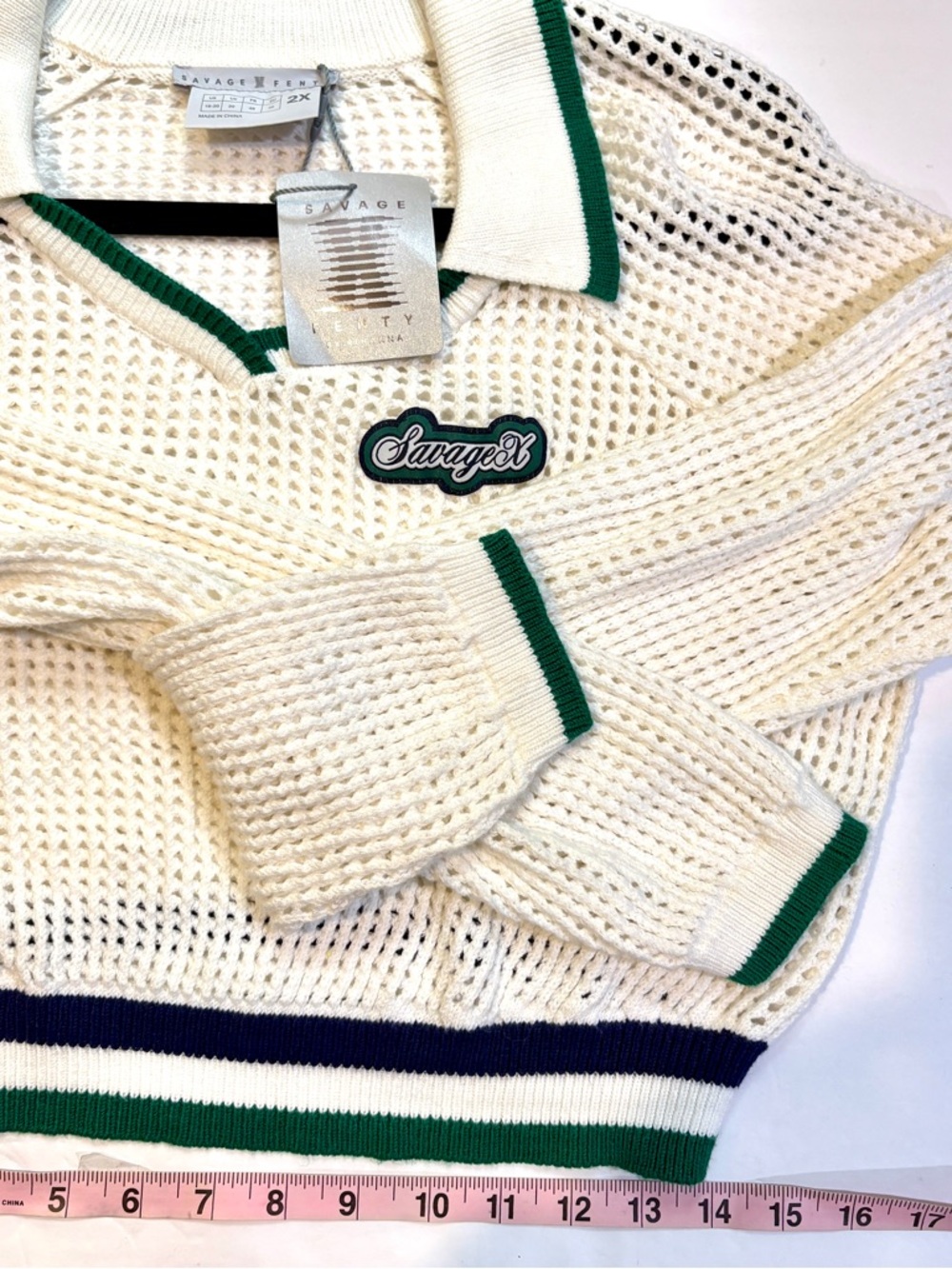 NWT Savage X Fenty 2X Open Knit Polo Sweater Y2K Preppy Cropped White Green - Picture 5 of 10